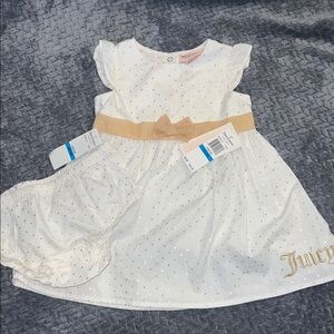 🩷5/$25 Juicy Couture polka dot White and gold Dress with diaper cover Gold Bow